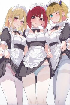 3girls apron arima_kana artist_request blonde_hair blue_eyes blue_panties blush breasts cleavage clothes_lift cuffs highres hoshino_ruby maid maid_apron maid_headdress mem-cho multiple_girls one_eye_closed open_mouth oshi_no_ko panties pantyhose pink_eye pink_panties red_eyes red_hair skirt skirt_lift tongue tongue_out underwear white_panties white_pantyhose wink wrist_cuffs