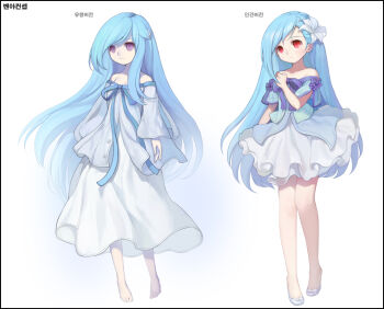 alternate_hair_length alternate_hairstyle asymmetrical_bangs barefoot benya_(tales_weaver) blue_jacket blue_ribbon blue_shirt blue_sleeves blush bow caesty closed_mouth commentary_request dated_commentary dress expressionless flats flower footwear_bow hair_flower hair_ornament hairclip jacket jacket_ribbon knees_together_feet_apart korean_commentary layered_dress lily_(flower) long_dress long_single_sidelock long_sleeves medium_dress nexon off-shoulder_jacket off-shoulder_shirt off_shoulder official_art pale_skin production_art purple_bow purple_eyes purple_ribbon red_eyes ribbon shirt shirt_ribbon shoes short_sleeves simple_background sleeve_bow straight_hair strapless strapless_dress strapless_shirt tales_weaver toes translation_request white_background white_bow white_dress white_flower white_lily white_shoes wide_sleeves