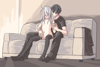 1boy 1girl after_fingering antenna_hair athray bad_id black_hair black_pants black_shirt black_socks blush couch couple flat_chest hetero holding_hands kai_(r-sylph) on_couch original pants pussy_juice pussy_juice_trail r-sylph shirt socks thighhighs unworn_clothes white_hair yellow_eyes