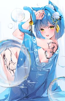 1girl absurdres animal_ears bell blue_hair blush bob_cut breasts bubble cat cat_ears chinese_zodiac chisei259 fangs from_side hair_ornament highres japanese_clothes jingle_bell kimono knees_up leg_tattoo looking_at_viewer medium_breasts off_shoulder open_mouth original short_hair sideboob sitting smile solo tail tattoo tiger year_of_the_tiger yellow_eyes