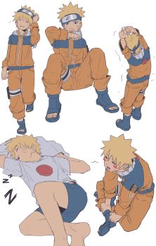 1boy absurdres arms_up bandaged_leg bandages barefoot blonde_hair blue_eyes blue_headband blue_shoes blue_shorts blush_stickers cf_nrt clenched_teeth facial_mark frown full_body furrowed_brow hair_between_eyes headband highres indian_style jacket jumpsuit konohagakure_symbol multiple_views naruto_(classic) naruto_(series) open-toe_shoes open_mouth orange_jacket orange_jumpsuit orange_pants own_hands_together pants pillow print_shirt shirt shoes short_hair shorts sitting sleeping smile solo spiked_hair stretching teeth uzumaki_naruto walking whisker_markings white_background white_shirt