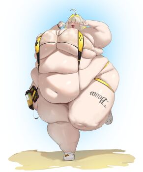 1girl ahoge belly belly_hang big_belly blonde_hair blue_background blush breasts canister cleavage cleavage_cutout clothing_cutout covered_eyes crocs double_v elegg_(boom_and_shock)_(nikke) elegg_(nikke) fang fat fat_rolls fat_woman goddess_of_victory:_nikke hair_intakes hair_over_eyes highres holster huge_breasts leg_tattoo navel obese open_mouth outdoors shoes short_hair skindentation slingshot_swimsuit softon_(_softon) solo standing standing_on_one_leg swimsuit tattoo thick_thighs thigh_holster thigh_strap thighs tongue v v_over_eye white_shoes wristband yellow_slingshot_swimsuit