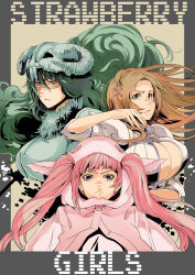 2015 3girls bleach bleach:_sennen_kessen-hen breasts cleavage dokugamine_riruka green_eyes green_hair highres inoue_orihime large_breasts long_hair multiple_girls nelliel_tu_odelschwanck orange_hair red_eyes red_hair sapphire_satou twintails