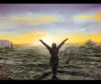 1boy aby arms_up bearer_of_the_curse black_pants blue_sky cliff commentary_request dark_souls_(series) dark_souls_ii from_behind full_body highres letterboxed male_focus ocean outdoors pants praise_the_sun sky solo standing sun sunrise topless_male water