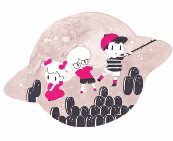 Rule 34 | 1girl, 2boys, ana (mother), baseball cap, commentary request, dress, glasses, hair ribbon, hat, limited palette, lloyd (mother), magicant, mother (series), mother 1, multiple boys, ninten, nintendo, painting (medium), ribbon, round eyewear, shirt, short sleeves, striped clothes, striped shirt, tanba (tanba-art), traditional media, twintails, ufo, watercolor (medium)