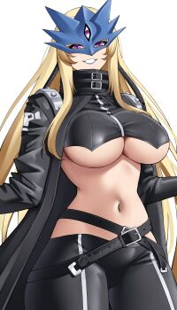 1girl absurdres beelstarmon belt black_coat black_pants blonde_hair breasts coat digimon digimon_(creature) eye_mask highres large_breasts leather long_hair mask navel obosounds pants simple_background solo third_eye underboob