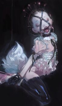 1=2 1girl anal_beads anal_tail bdsm black_background black_hair bondage bound bound_arms braid butt_plug closed_eyes collar eyelashes fake_tail flat_chest frilled_leotard frills gag gloves high_heels highres latex latex_thighhighs leotard loli open_mouth original pink_leotard ring_gag sex_toy slave solo spider_gag stiletto_heels tail thighhighs tongue