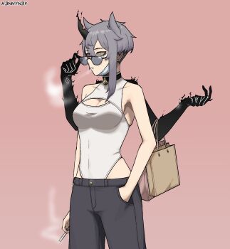 1girl adjusting_eyewear artist_name aura bag black-framed_eyewear black_choker breasts choker cigarette cleavage covered_navel cowboy_shot dark_aura extra_arms eyelashes grey_hair grey_pants hair_between_eyes hair_horns hand_in_pocket highres holding holding_bag holding_cigarette horns k3nnyn3v leotard long_single_sidelock mask mole mole_under_eye mouth_mask original pants pink_background shopping_bag short_hair short_hair_with_long_locks simple_background single_horn single_sidelock smoke smoke_from_mouth solo sunglasses undercut very_short_hair white_leotard yellow_eyes