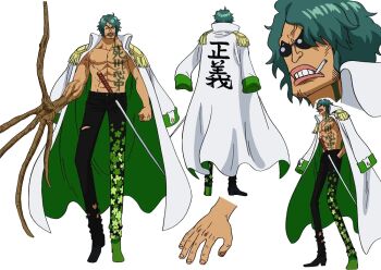 1boy abs body_writing chest_tattoo devil_fruit_power facial_hair full_body hands_in_pockets highres jacket jacket_on_shoulders katana large_pectorals manly military military_uniform multiple_views muscular official_art one_piece pants pectorals print_pants reference_sheet ryokugyu_(one_piece) serious short_hair simple_background standing sunglasses sword tattoo toei_company weapon white_background