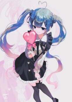 Rule 34 | 1girl, ahoge, ankle strap, bib collar, black eyes, black ribbon, black shoes, black skirt, black thighhighs, blue hair, braid, center-flap bangs, closed mouth, collared shirt, double-parted bangs, feet out of frame, frilled shirt collar, frilled skirt, frilled straps, frills, garter straps, gradient hair, grey background, hair ornament, hairclip, hatsune miku, hatsune miku fashion figure, heart, heart ahoge, highres, holding, holding wand, jirai kei, knees together feet apart, long hair, long sleeves, looking at viewer, miniskirt, multicolored hair, neck ribbon, parallel hairclips, pink hair, ribbon, shirt, shoes, signature, single garter strap, skirt, smile, solo, suspender skirt, suspenders, taito, thighhighs, twintails, twintails with braided base, two-tone hair, uzumi hi, very long hair, vocaloid, wand, white shirt, x hair ornament, zettai ryouiki, zoom layer