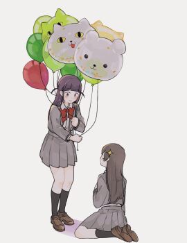 Rule 34 | 2girls, :3, animal balloon, arched bangs, arm at side, balloon, bear, black hair, black socks, blush stickers, bow, bowtie, breast pocket, brown shoes, cat, character balloon, clenched hands, closed mouth, collared shirt, commentary request, facing another, full body, grey jacket, grey skirt, hand up, highres, holding, holding balloon, invisible floor, jacket, kagura hikari, kneehighs, loafers, long hair, long sleeves, looking at another, looking down, miniskirt, multiple girls, no sclera, on floor, open clothes, open jacket, pleated skirt, pocket, polar bear, purple eyes, purple hair, reaching, reaching towards another, red bow, red bowtie, school uniform, seishou music academy uniform, seiza, shadow, shirokuma (reirako-reirako), shirt, shirt tucked in, shoes, shoujo kageki revue starlight, sidelocks, simple background, sitting, skirt, slit pupils, smile, socks, sparkle hair ornament, standing, tsuyuzaki mahiru, two side up, white background, white shirt