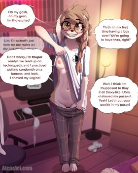 1girl alcorart animal_ears animal_nose bra braces braid breasts brown_eyes brown_fur brown_hair cleft_of_venus clothes_lift clothes_pull commentary dog_ears dog_girl english_commentary english_text excited furry furry_female glasses highres indoors lifting_own_clothes looking_at_viewer messy_hair navel nipples original paid_reward_available panties pants pants_pull panty_pull pulling_own_clothes pussy round_eyewear shirt_lift short_sleeves side_braid single_braid small_breasts smile socks solo speech_bubble standing teeth thought_bubble uncensored underwear unworn_bra unworn_socks white_bra white_panties white_socks