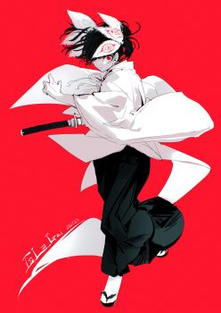 1girl absurdres character_request dated fighting_stance floating_clothes floating_hair full_body hair_over_one_eye hakama highres holding holding_sword holding_weapon iaidou japanese_clothes kagurabachi katana limited_palette looking_at_viewer red_background red_eyes sandals signature simple_background solo standing sword tabi twintails weapon whalebone_1022