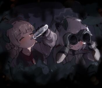 2girls absurdres animal_ears binoculars blue_archive bottle capelet closed_eyes commentary_request drink gloves halo hiding highres holding holding_binoculars holding_bottle korean_commentary leaf leaf_on_head ll_dal long_hair long_sleeves medium_hair multiple_girls nodoka_(blue_archive) shigure_(blue_archive) smile upper_body weasel_ears weasel_girl