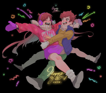 1boy 1girl animification blush braces brown_eyes brown_hair dipper_pines fangs gravity_falls highres long_hair long_sleeves mabel_pines open_mouth scarf short_hair skirt smile woo-saguchi-2013