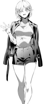 1girl cowboy_shot earrings evergreen_eri hair_between_eyes haite_kudasai_takamine-san highres hiiragi_yuuichi jacket jewelry monochrome open_clothes open_jacket short_hair skirt solo turtleneck unzipped waving zipper_pull_tab