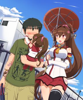 10s 1boy 2girls artist_self-insert asymmetrical_legwear bad_id bad_pixiv_id bag beard black_hair blush breasts brown_hair clothes_writing clothing_cutout faceless faceless_male facial_hair family father_and_daughter hair_ornament hand_on_another's_face headgear highres kantai_collection ko-yamato large_breasts long_hair miniskirt mother_and_daughter multiple_girls open_mouth panties pink_eyes ponytail shin'en-san_(shin'en) shin'en_(gyokuro_company) shopping shopping_bag short_hair side_cutout skirt striped_clothes striped_panties tattoo umbrella underwear uneven_legwear very_long_hair yamato_(kancolle)