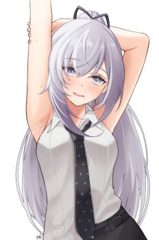 1girl absurdres armpits arms_up belt black_necktie black_ribbon black_skirt blue_eyes blush breasts collared_shirt commentary cowboy_shot english_commentary grey_hair grin hair_ribbon highres hololive hololive_indonesia long_hair looking_at_viewer medium_breasts necktie official_alternate_costume one_eye_closed ponytail ribbon shirt signature skirt sleeveless sleeveless_shirt smile solo stretching sweat vestia_zeta vestia_zeta_(businesswoman) virtual_youtuber white_shirt wing_collar yuki_(yuk1_94)