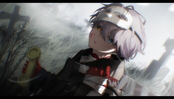 Rule 34 | 1boy, black coat, black sclera, blue eyes, chromatic aberration, coat, colored sclera, corded phone, dutch angle, from side, gloves, grass, graveyard, grey hair, grey sky, hands up, heterochromia, highres, holding, holding knife, holding phone, ithiku, knife, letterboxed, looking at viewer, male focus, mask, mask on head, mismatched sclera, official alternate costume, parted lips, phone, red gloves, reverse:1999, short hair, sky, solo, tombstone, upper body, x (breathing in silence) (reverse:1999), x (reverse:1999), yellow eyes