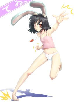 1girl alternate_costume animal_ears bare_shoulders barefoot black_hair blush cameltoe camisole carrot carrot_necklace casual character_name clenched_hand female_focus fist flat_chest full_body inaba_tewi jewelry mossari_poteto navel necklace no_pants panties pendant rabbit_ears red_eyes simple_background solo tank_top touhou underwear underwear_only white_panties