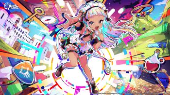 1girl absurdres apron azur_lane bare_shoulders bird black_dress black_shoes blunt_bangs bottle bow breasts brown_eyes brown_shoes building chromatic_aberration cleavage coin colorful compass copyright_name copyright_notice covering_own_mouth dark-skinned_female dark_skin detached_sleeves dress fang fingers_to_mouth flask frilled_apron frills full_body hair_ornament hand_over_own_mouth highres jewelry key logo long_hair looking_at_viewer maid maid_apron maid_headdress map multicolored_hair nubian_(azur_lane) official_art open_mouth outline outstretched_arm potion puffy_short_sleeves puffy_sleeves ribbon ring round-bottom_flask second-party_source shachi_no_maru shield shoes short_sleeves sky small_breasts smile socks solo standing sword test_tube thigh_strap treasure_chest tree v waist_apron weapon white_apron white_hair wrist_cuffs