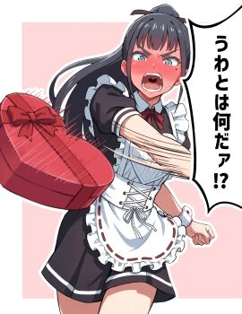 1girl amaya_tsubame angry annoyed apron black_hair box box_of_chocolates candy chocolate chocolate_heart cow dress food frilled_dress frills gakuen_idolmaster hair_between_eyes heart heart-shaped_food highres hiraji idolmaster long_hair maid maid_apron open_mouth ponytail short_sleeves sidelocks solo speech_bubble spread_legs teeth throwing translation_request upper_body