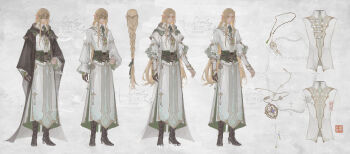 Rule 34 | 1boy, :|, absurdres, arm guards, belt, black belt, black boots, black coat, black gloves, blindfold mask, blonde hair, boots, braid, brooch, chinese commentary, cloak, closed mouth, coat, collared shirt, commentary request, covered eyes, curtained hair, dreamcatcher, ear chain, earrings, elf, frilled sleeves, frills, full body, gem, gloves, green eyes, green gem, green ribbon, hair ribbon, hand jewel, highres, hood, hood down, hooded cloak, hooded coat, jewelry, linked piercing, long hair, long sleeves, looking at viewer, low-braided long hair, low-tied long hair, male focus, mask, mole, mole under eye, multiple moles, multiple views, neck ribbon, open clothes, open coat, original, parted bangs, pendant, piercing, pointy ears, purple gem, reference sheet, ribbon, ring, robe, seal impression, shirt, simple background, single glove, sleeve garter, solo, standing, tassel, three-quarter sleeves, two-sided fabric, very long hair, wallet chain, watermark, weibo watermark, white background, white cloak, white robe, white shirt, zhi senliang