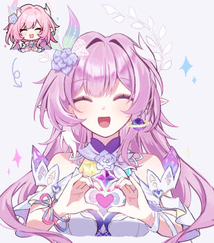 1girl :d ^_^ absurdres bare_shoulders chibi closed_eyes commentary_request cyrene_(honkai:_star_rail) cyrene_(ripples_of_past_reverie)_(honkai:_star_rail) facing_viewer funafu grey_background hair_intakes hair_ornament heart heart_hands highres honkai:_star_rail honkai:_star_rail_sticker_redraw_(meme) honkai_(series) long_hair meme multiple_views nail_polish open_mouth pink_hair pink_nails pointy_ears reference_inset simple_background smile upper_body very_long_hair