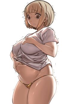 1girl bikini breasts gold_bikini groin highres keuma large_breasts micro_bikini plump short_hair simple_background stomach sweat sweatdrop swimsuit tagme white_background