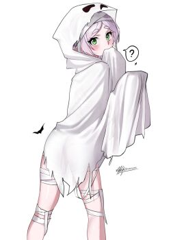 1girl ? absurdres bandaged_leg bandages bat_(animal) elf frieren ghost_costume green_eyes grey_hair highres hood hood_up looking_at_viewer pointy_ears robe simple_background solo sousou_no_frieren speech_bubble spoken_question_mark waligner white_background white_robe