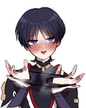 1220_(fowlr) 1boy absurdres bad_id bad_pixiv_id black_bodysuit black_hair black_kimono black_panties black_sleeves blunt_ends blush bodysuit eyeliner eyeshadow genshin_impact gold hands_up highres holding holding_panties holding_underwear holding_unworn_clothes japanese_clothes jewelry juban kimono lace lace-trimmed_panties lace_trim lingerie looking_at_viewer makeup male_focus mandarin_collar neck_ring open_hands open_mouth panties purple_eyes red_eyeliner red_eyeshadow red_kimono scaramouche_(genshin_impact) short_sleeves solo steam sweat tongue tongue_out tsurime underwear upper_body white_background white_kimono