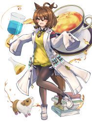 Rule 34 | 1girl, absurdres, agnes tachyon (umamusume), ahoge, animal, animal ears, bandolier, black pantyhose, black shirt, book, book stack, brown hair, chemical structure, collared shirt, commentary request, cup, erlenmeyer flask, flask, full body, guinea pig, hair between eyes, highres, horse ears, horse girl, horse tail, iko (saikoro k0702), lab coat, long sleeves, looking at viewer, open clothes, open mouth, pantyhose, red eyes, shadow, shirt, shoes, simple background, sleeves past fingers, sleeves past wrists, smile, solo, standing, standing on one leg, sweater vest, tachi-e, tail, tea, teacup, test tube, umamusume, white background, white footwear, yellow sweater vest