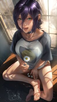 1girl absurdres barefoot black_choker blood breasts chainsaw_man choker cuts glass_shards green_eyes grey_shirt hair_between_eyes highres hoshirail indoors injury medium_breasts medium_hair open_mouth purple_hair reze_(chainsaw_man) shirt solo window