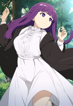 Rule 34 | 1girl, absurdres, black coat, black robe, coat, dress, fern (sousou no frieren), forest, highres, nature, nekoromancer, purple eyes, purple hair, purple pupils, robe, self-upload, solo, sousou no frieren, straight hair, white dress, wind