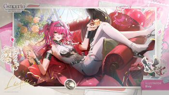 1girl armlet armor artist_name balloon bodysuit boots breastplate cake collar commentary crossed_legs earrings english_commentary flower food hairband high_heel_boots high_heels highres holding holding_plate jewelry kyo_zip long_hair looking_at_viewer lupa_(wuthering_waves) metal_collar metal_hairband official_art open_mouth pink_hair plate rose second-party_source sitting_sideways smile solo tail thigh_boots twintails white_bodysuit white_boots wolf_tail wuthering_waves