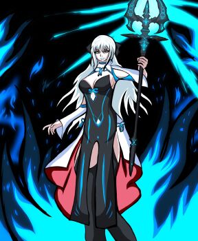 1girl avalon_le_fae_(fate/grand_order) battle blue_eyes blue_lips breasts cleavage cloak faerie_knights_(fate) fate/grand_order fate_(series) highres large_breasts long_hair looking_at_viewer morgan_le_fay_(fate) morgan_le_fay_(queen_of_winter)_(fate) morgan_le_fay_(second_ascension)_(fate) morgan_le_fay_(third_ascension)_(fate) solo thighs wamiv14