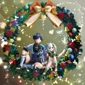 1boy 1girl anklet arm_at_side arm_on_knee armlet armor asymmetrical_sidelocks belt black_belt black_bodysuit black_bow black_bridal_gauntlets black_eyes black_hair black_sandals black_shorts blue_cape blue_gem blue_kimono blue_sleeves blunt_ends bodysuit bow bracelet bridal_gauntlets bright_pupils cape christmas_wreath closed_mouth commentary_request cross-shaped_pupils crystalfly_(genshin_impact) detached_sleeves dress eyelashes feathers full_body garland_(decoration) gem genshin_impact gold gold_ring gold_trim green_eyes green_gem green_hair hair_intakes hair_ornament half_crown_braid han_(riyonosyumi) hand_up japanese_armor japanese_clothes jewelry juban kimono knee_up kote kurokote layered_sleeves leaf leaf_hair_ornament leg_warmers lens_flare long_hair looking_to_the_side mandarin_collar middle_ring multicolored_hair nahida_(genshin_impact) open_clothes open_hand open_kimono open_mouth pointy_ears pom_pom_(clothes) purple_rope purple_sash red_bow rope sandals sash scaramouche_(genshin_impact) short_sleeves shorts shoulder_peek side_ponytail sidelocks sitting socks split_mouth streaked_hair symbol-shaped_pupils tareme tassel toeless_socks toes tsurime vision_(genshin_impact) wanderer_(genshin_impact) white_bow white_dress white_hair white_kimono white_leg_warmers white_mouth white_pupils white_sleeves white_socks wreath yellow_background yellow_feathers zouri