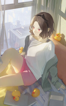 1girl aash4i absurdres black_bow black_hairband black_nails book bow bow_hairband bra_strap brown_hair cardigan cardigan_partially_removed closed_mouth commentary_request curtains day ebizuka_tomo feet_out_of_frame fingernails forehead girls_band_cry grey_cardigan hairband highres indoors knee_up long_sleeves nail_polish off-shoulder_shirt off_shoulder on_bed pillow pink_shorts red_eyes rubber_duck shadow shirt short_hair short_shorts shorts sitting solo white_shirt