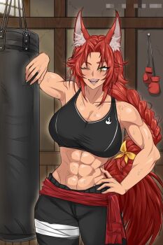 1girl :d abs animal_ears bandaged_leg bandages bare_arms bare_shoulders black_pants black_sports_bra bow boxing_gloves braid breasts cleavage commentary cowboy_shot crack cracked_wall eku_(awastedninja) english_commentary fangs fox_ears fox_girl fox_tail hair_bow hand_on_own_hip highres indoors large_breasts long_hair low-braided_long_hair low-tied_long_hair muscular muscular_female one_eye_closed open_mouth original pants parted_bangs punching_bag pup0823 red_hair red_sash red_tail sash single_braid smile solo sports_bra standing stomach sweat tail wooden_frame yellow_bow yellow_eyes