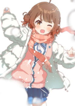 1girl absurdres ahoge blue_ribbon blue_skirt blurry blurry_foreground blush brown_eyes brown_hair cardigan choco_donatsu cowboy_shot down_jacket gakuen_idolmaster gradient_hair hanami_ume hatsuboshi_gakuen_school_uniform highres idolmaster jacket long_sleeves looking_at_viewer multicolored_hair one_eye_closed open_clothes open_jacket open_mouth orange_hair pink_cardigan pink_scarf plaid_clothes plaid_scarf pleated_skirt ribbon scarf school_uniform shirt short_hair simple_background skirt smile snow snowball snowball_fight snowing solo throwing v-shaped_eyebrows white_background white_jacket white_shirt