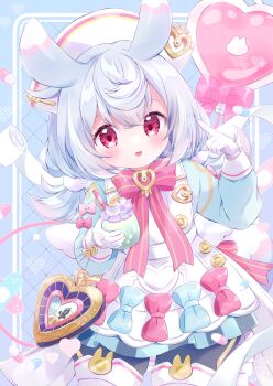1girl absurdres apron aqua_bow blue_hair bow chiika_(cure_cherish) genshin_impact gloves hat highres looking_at_viewer nurse_cap open_mouth pink_bow red_eyes sigewinne_(genshin_impact) solo tagme white_apron white_gloves white_hair yume_kawaii
