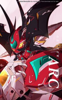 absurdres azzalea character_name close-up commentary english_commentary getter_arc getter_robo getter_robo_arc highres looking_down mecha mecha_focus no_humans open_mouth robot science_fiction sharp_teeth solo super_robot teeth watermark yellow_eyes