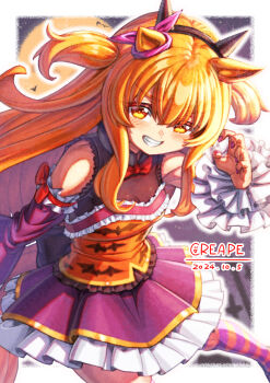1girl animal_ears bat_(animal) black_hairband blush bow bowtie breasts commentary_request corset creape detached_sleeves dress ear_bow ear_ribbon full_moon grin hair_between_eyes hairband highres horns horse_ears horse_girl horse_tail long_hair looking_at_viewer mayano_top_gun_(umamusume) moon open_mouth orange_corset orange_eyes orange_hair orange_tail purple_dress purple_nails red_bow red_bowtie see-through_cleavage see-through_clothes sleeveless sleeveless_dress smile socks solo striped_clothes striped_socks tail teeth two_side_up umamusume