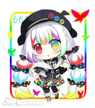 1girl :o asymmetrical_footwear beret black_boots black_hat black_jacket black_ribbon blonde_hair blue_eyes blue_hair blush boots brown_hair chibi collared_shirt dress_shirt full_body green_hair hair_ribbon hand_up hat holding jacket jogasaki_noah long_sleeves mahou_shoujo_no_majo_saiban mismatched_footwear multicolored_hair off_shoulder parted_lips pleated_skirt polka_dot polka_dot_ribbon purple_hair red_eyes red_hair ribbon shikito_(yawa0w0) shirt skirt solo two-tone_hair watermark white_background white_boots white_hair white_shirt white_skirt yellow_eyes
