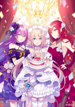 3girls :d anniversary armband bare_shoulders black_thighhighs blue_eyes braid breasts cake chandelier cleavage closed_mouth commentary_request confetti criss-cross_halter curly_hair double-parted_bangs dress fang fascinator feet_out_of_frame flower flower_collar flower_ornament food frilled_dress frills gloves group_picture hair_between_eyes hair_flower hair_ornament half_up_braid halterneck hand_on_another's_shoulder hand_on_own_hip hat highres holding holding_cake holding_food idola_phantasy_star_saga indoors jewelry large_breasts layered_dress long_hair long_sidelocks looking_at_viewer low_twintails medium_breasts mini_hat multicolored_hair multiple_girls nail_polish official_art open_mouth pendant phantasy_star phantasy_star_online_2 pink_hair purple_armband purple_dress purple_gloves purple_hair purple_hat red_dress red_hair red_nails rosalinde_(idola) saine sideboob sidelocks skin_fang sleeveless sleeveless_dress smile stella_(idola) straight_hair streaked_hair swept_bangs thighhighs twintails very_long_hair white_armband white_dress white_gloves white_thighhighs wyndis_(idola) yellow_eyes yellow_trim