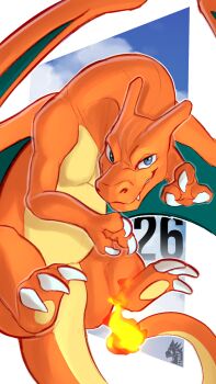 blue_eyes charizard claws colored_skin commentary dragon english_commentary fire flame-tipped_tail gen_1_pokemon highres looking_at_viewer nintendo no_humans orange_skin pokemon pokemon_(creature) solo tail wings zyria