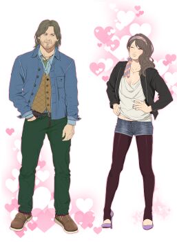 Rule 34 | 1boy, 1girl, bad id, bad pixiv id, boots, brown hair, capcom, casual, facial hair, full body, heart, high heels, highres, jacket, jessica sherawat, leggings, long hair, one eye closed, parker luciani, resident evil, resident evil: revelations, shitara (kaimetsu joutai), short shorts, shorts, stubble