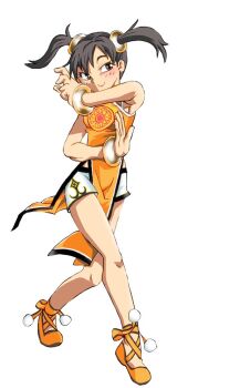 1girl arms_up bandai_namco bare_legs bare_shoulders black_hair blush body_control bracelet breasts brown_eyes china_dress chinese_clothes commentary crossover dancing dress jewelry ling_xiaoyu looking_to_the_side mixed-language_commentary monolith_soft onnaski orange_dress orange_shoes project_x_zone shoes short_hair smile solo solo_focus tekken tekken_3 thighs twintails