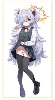 black_pantyhose black_shoes black_skirt blue_archive brown_eyes brown_halo closed_mouth clothes_lift full_body grey_hair hair_over_one_eye halo kanoe_(blue_archive) lifting_own_clothes loli long_bangs long_sleeves looking_at_another panties pantyhose shirt shoes skirt skirt_lift smile standing standing_on_one_leg underwear v white_background white_shirt yako