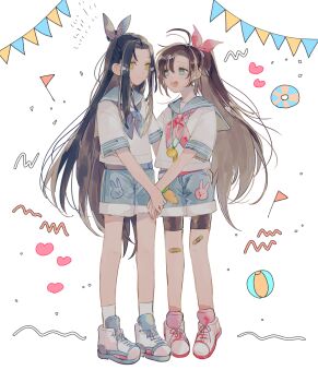 2boys aged_down ahoge alternate_costume amana_raika animal_print ball bandaid bandaid_on_leg banner black_hair blue_bow blue_neckerchief blue_sailor_collar blue_shorts bow brown_hair carrot_print closed_mouth confetti couple food_print full_body girly_boy grey_eyes hair_bow hair_ribbon heart highres holding_hands lan_wangji long_hair looking_at_another male_focus modao_zushi multiple_boys neckerchief open_mouth pink_bow pink_neckerchief ponytail rabbit_print ribbon sailor_collar school_uniform serafuku shirt shoes short_sleeves shorts sidelocks smile sneakers socks standing streamers very_long_hair wei_wuxian whistle whistle_around_neck white_background white_shirt white_shoes white_socks yaoi yellow_eyes